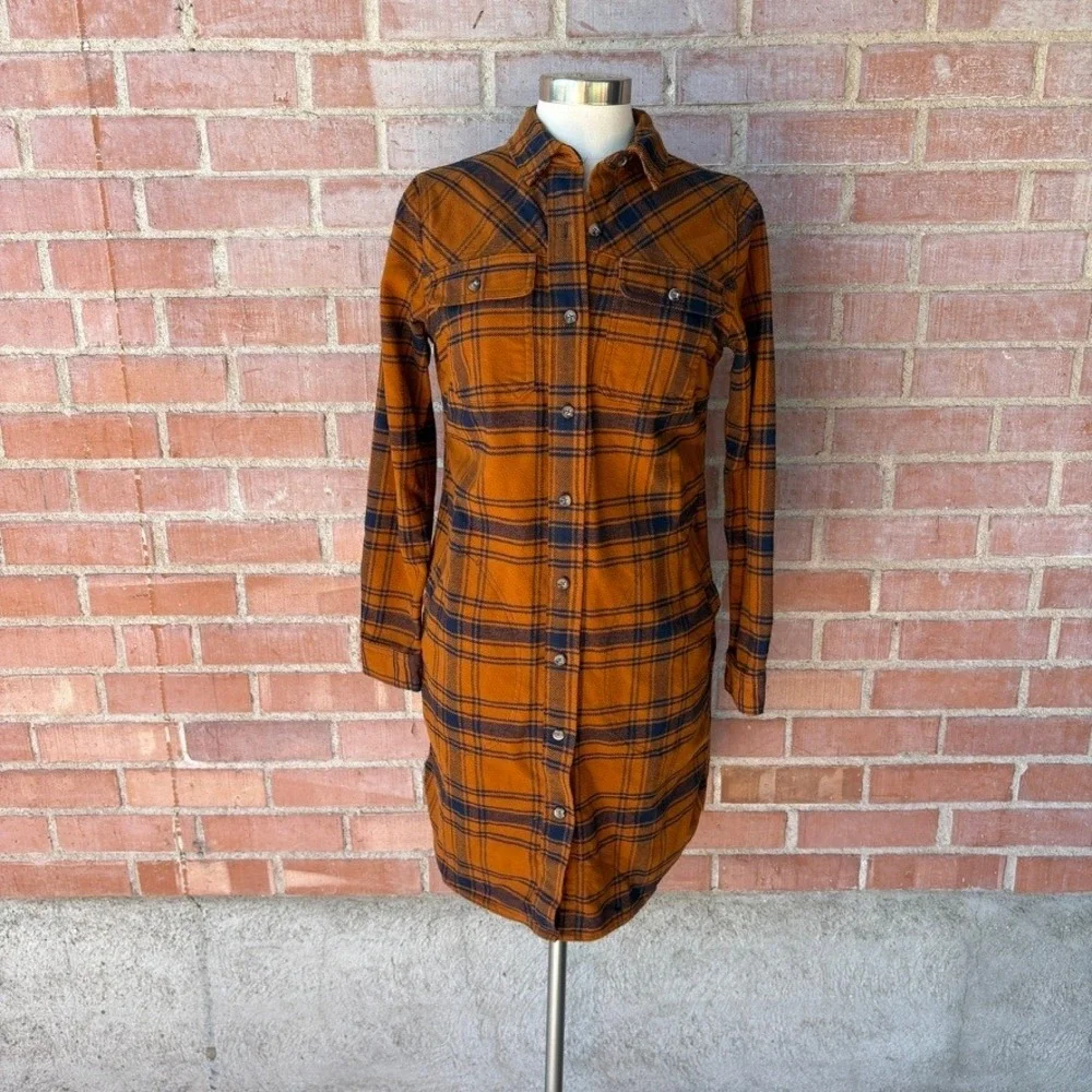 Duluth Trading Co Womens Folklore Flannel Duster‎ XS Blue Orange Plaid Insulated